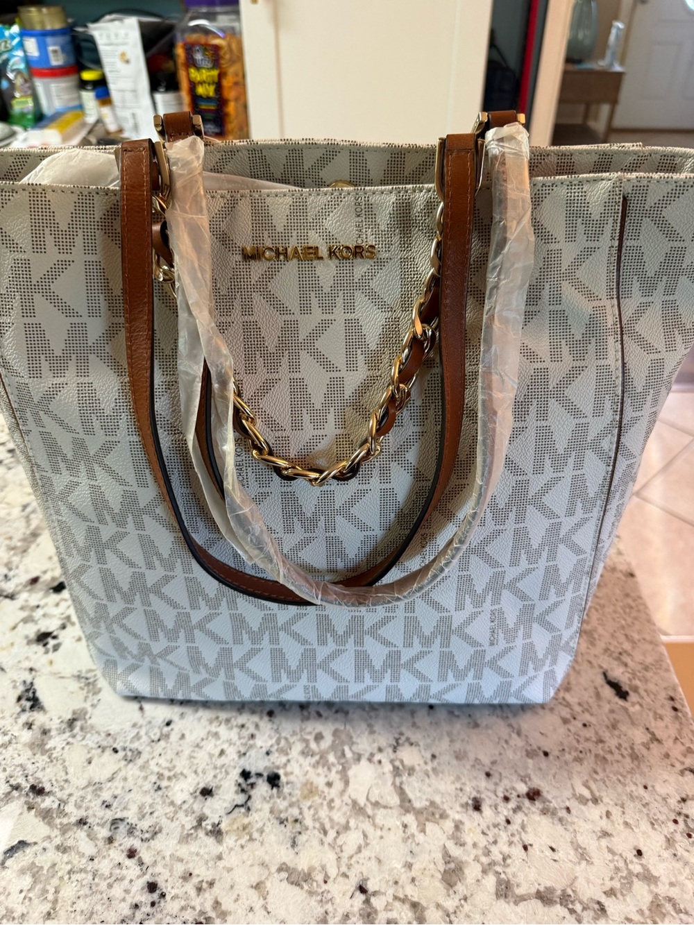Michael Kors Cream & Brown MK Logo Tote with Gold Chain
